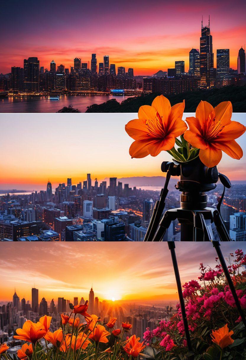 A captivating collage showcasing various photography techniques, including a stunning sunset with silhouettes, a crisp close-up of a flower, and a vivid cityscape at night. Include a photographer in action, adjusting the camera settings. Overlay with subtle icons of photography tools like a tripod, lens, and filters. Infuse the scene with vibrant colors and lighting effects to engage the viewer's imagination. super-realistic. vibrant colors. white background.