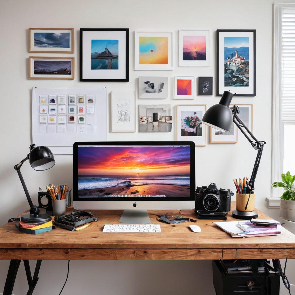 A visually striking image depicting an artist’s workspace, featuring a camera, editing software open on a computer screen, and beautifully composed photos displayed on a wall. Include vibrant colors that showcase the contrast between original and edited images, with creative tools like a color wheel and editing tools scattered around. The scene should inspire creativity and skill elevation. super-realistic. vibrant colors. white background.